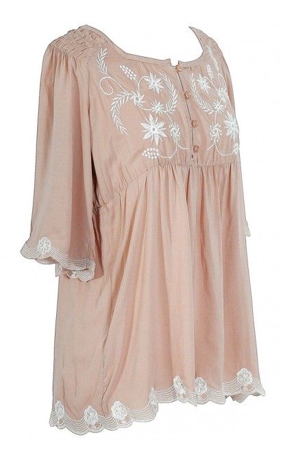 Embroidered Button Front Blouse in Dusty Rose